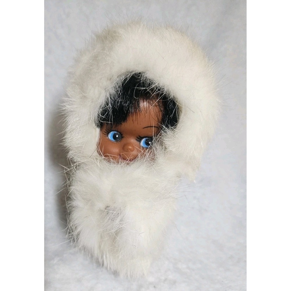 Vintage Native American Eskimo Doll Figurine Authentic Rabbit Fur With Baby